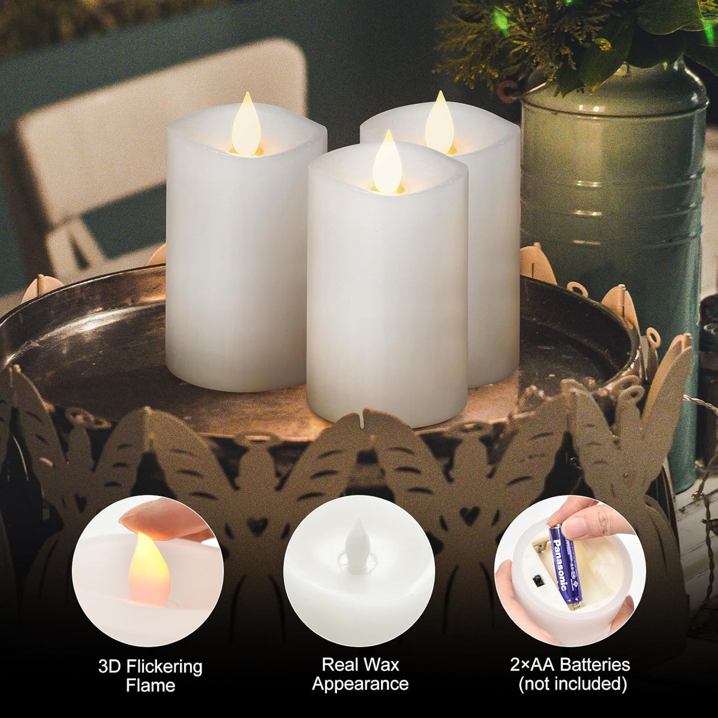 3x4 Flickering Flameless Candles Set of 3,Real Wax Pillar LED Candles,with Timer,4 inch Flameless Candles with Remote,for Party Wedding Holiday Home Decor,Ivory