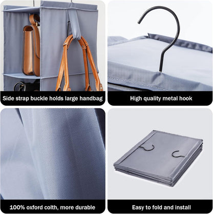 Hanging Closet Organizer Storage Shelf Rack Bag Sweater Hat Shoe | 59" Hang Closet Organization Storing Shelves Rack Display for Purse Handbag Clothes Space Saver Oxford Cloth Large Grey 2Pack