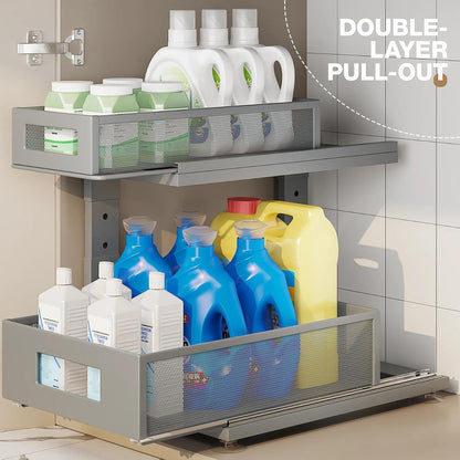 2 Pack Under Sink Organizer with Next-Gen Ball-Bearing Slides,2-Tier Pull Out Cabinet Storage,Height Adjustable Drawer Shelf for Bathroom,Kitchen,Laundry,Cabinet,Pantry(Patent Pending)
