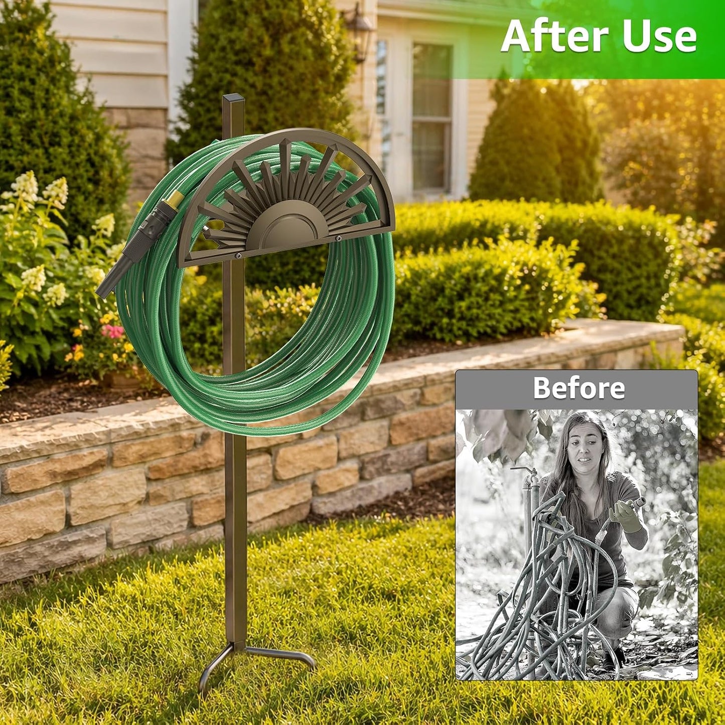 GOFORWILD Garden Hose Holder Holds 125-Feet of 5/8-Inch Hose Guage Steel | Decorative Hose Hanger Wall Mounted for Outside Yard Lawn Farm Heavy Duty Gift