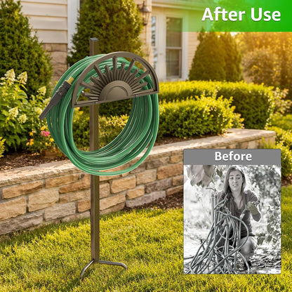 GOFORWILD Garden Hose Holder Holds 125-Feet of 5/8-Inch Hose Guage Steel | Decorative Hose Hanger Wall Mounted for Outside Yard Lawn Farm Heavy Duty Gift