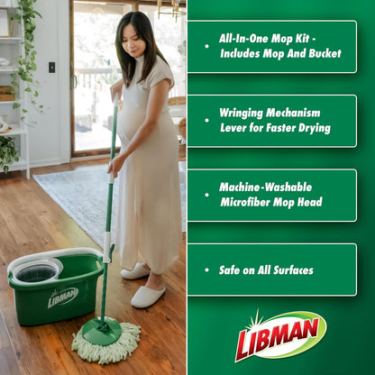 Libman Tornado Spin Mop System and 1 Refill, Mop and Bucket with Wringer Set for Hardwood Floor Cleaning, 2 Total Heads Included