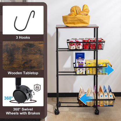 Narrow Rolling Cart with Wheels, 4-Tier Slim Metal Storage Cart with Pull-Out Baskets, 7.87 Inch Width Small Laundry Room Organizer Cart, Space-Saving for Kitchen, Bathroom