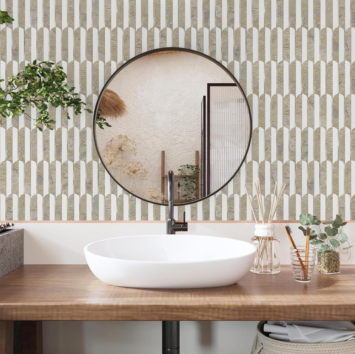 Vamos Peel and Stick Backsplash Seamless Tile for Kitchen and Bathroom,White and Beige Slate PVC Mixed Light Gold Self Adhesive Fish Scale Metal Mosaic Tiles (10 Sheets)