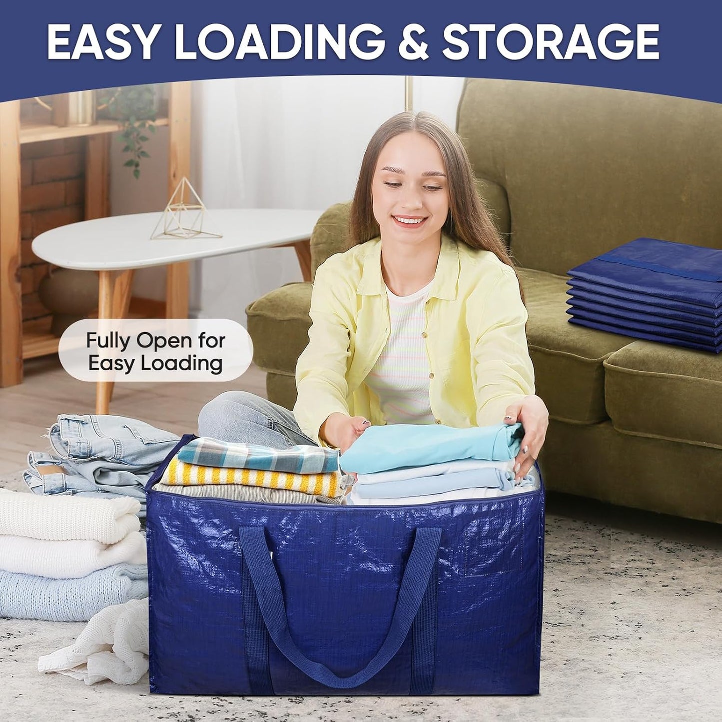 TICONN 4 Pack Extra Large Moving Bags Heavy Duty with Zippers & Carrying Handles, Durable Storage Bags Moving Boxes for Closet Organizers and Storage (4 Pack, Blue)