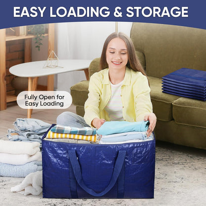 TICONN 4 Pack Extra Large Moving Bags Heavy Duty with Zippers & Carrying Handles, Durable Storage Bags Moving Boxes for Closet Organizers and Storage (4 Pack, Blue)