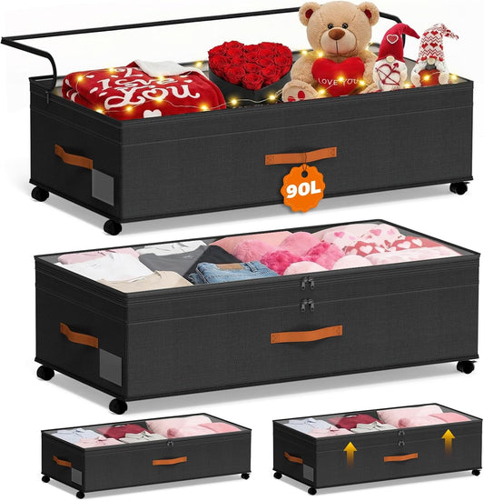 Under Bed Storage with Wheels, 35.5 inches Underbed Storage Large Capacity Under Bed Rolling Containers, 2 Pack Under the Bed Storage for Clothes, Shoes, Blankets (Deep Black)