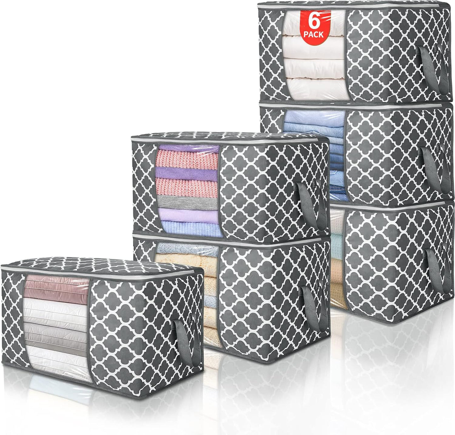 90L Large Storage Bags, 6 Pack Clothes Storage Bins Foldable Closet Organizers Storage Containers with Reinforced Handle for Clothing, Blanket, Comforters, Bed Sheets, Pillows and Toys (Gray)