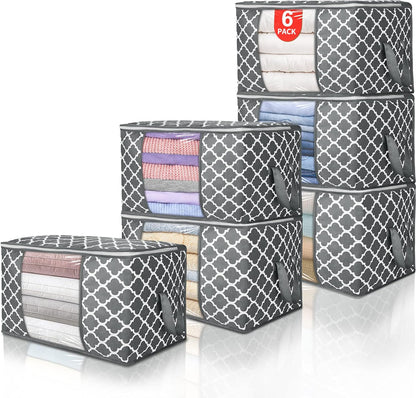 90L Large Storage Bags, 6 Pack Clothes Storage Bins Foldable Closet Organizers Storage Containers with Reinforced Handle for Clothing, Blanket, Comforters, Bed Sheets, Pillows and Toys (Gray)