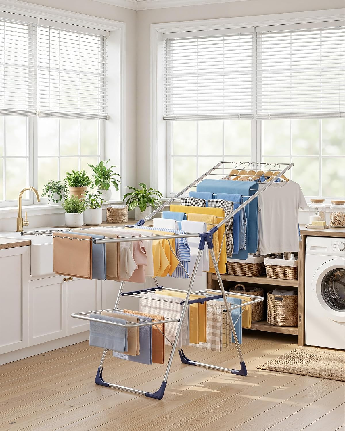 Sakugi Clothes Drying Rack, Foldable 2-Level Laundry Drying Rack with Height-Adjustable Wings, for Clothing & Bedding, Free-Standing Space-Saving Rack, Indoor & Outdoor, 55.5" L × 22.8" W, Gray
