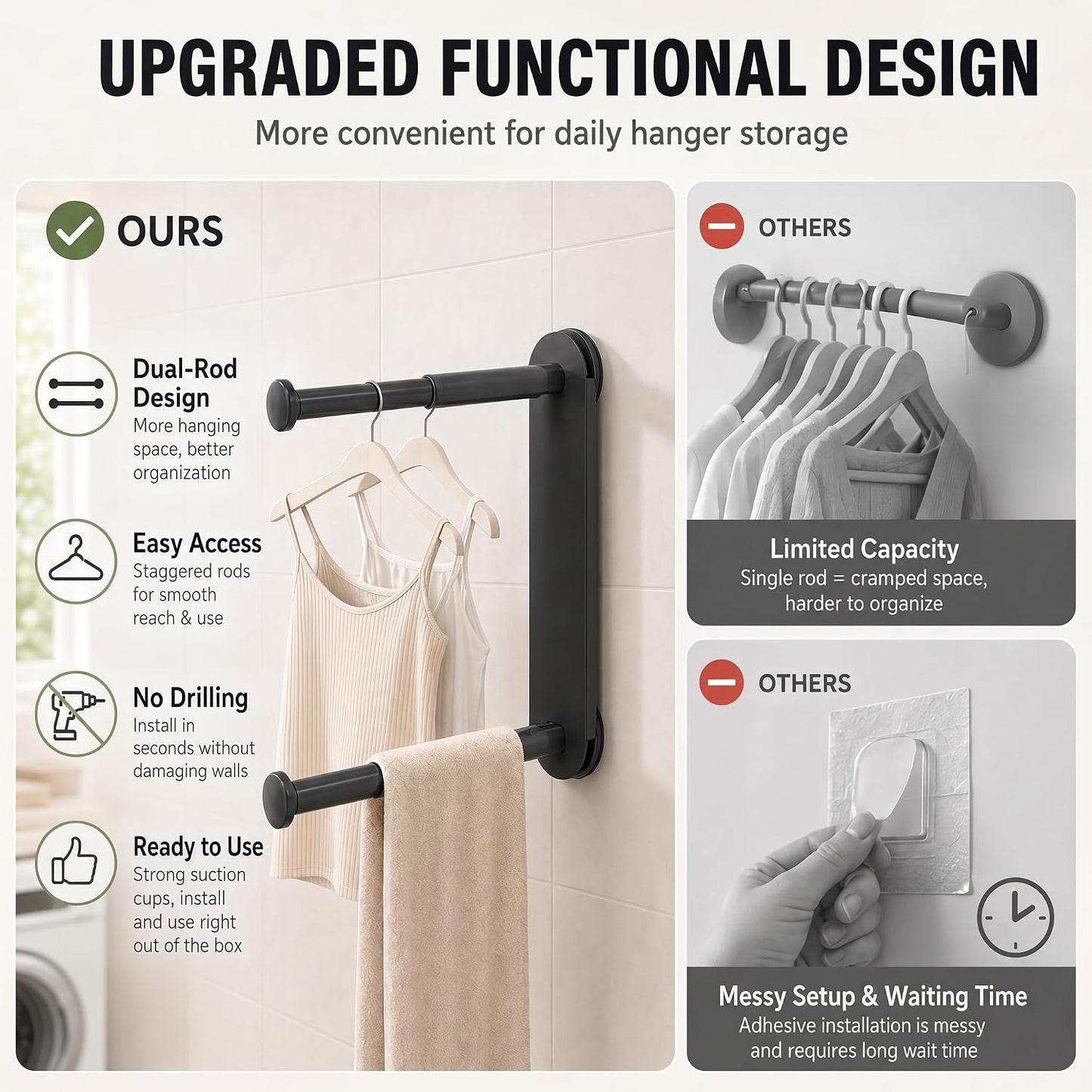 Foldable Clothes Rack No Drill - Heavy Duty Suction Cup Wall Mounted Drying Rack for Laundry, Space Saving Adhesive Hanger for Apartment, Bathroom (Holds 5.5lbs) (Milky White)