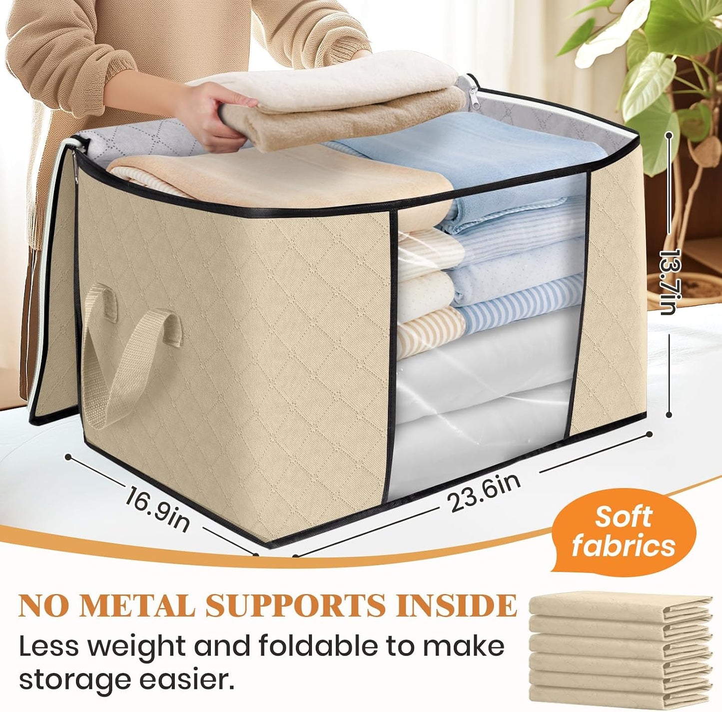 Fab totes 6 Pack Storage Bags for Clothes and Blanket, Foldable Closet Organizers and Storage with Zippers, Clear Window and Handles, Fabric Storage Bins for Sweater, Comforter, Bedding,Linen Sheets