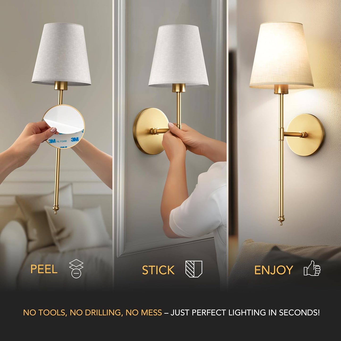 PRIDOLA Set of 2 Wireless Wall Sconces – Stick-On or Screw Mount - Rechargeable LED Bulbs, Remote Controlled, Adjustable Brightness & Warmth, Easy Installation, Living Room Wall Decor (Gold)