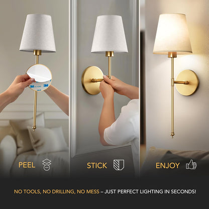 PRIDOLA Set of 2 Wireless Wall Sconces – Stick-On or Screw Mount - Rechargeable LED Bulbs, Remote Controlled, Adjustable Brightness & Warmth, Easy Installation, Living Room Wall Decor (Gold)