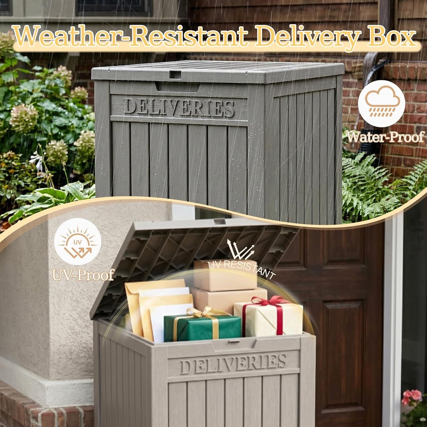Outdoor Storage Box, 90 Gallon Package Delivery Boxes for Outside, with Lockable Secure, Deck Box Outdoor Waterproof for Entryway, Front Porch, Backyard, Garden, Patio, Lawn, Black
