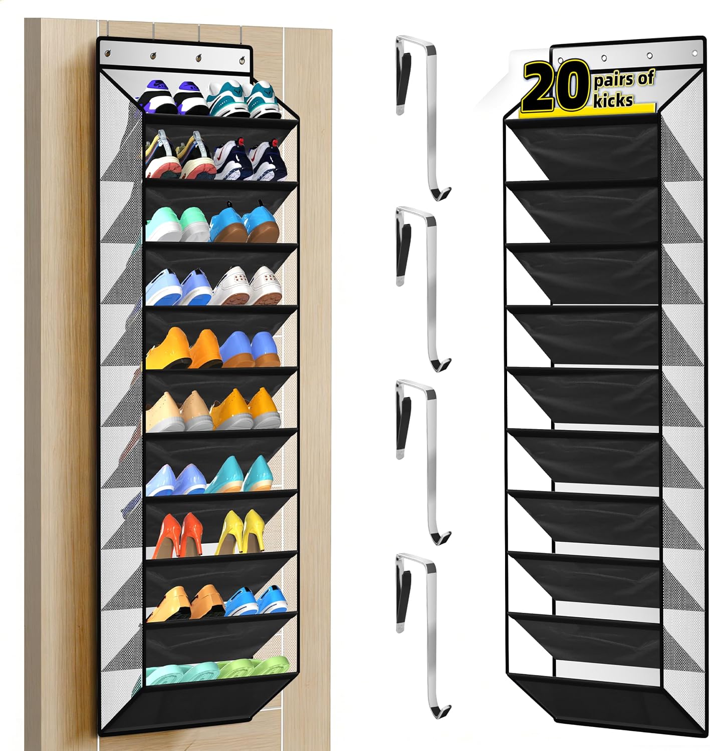PAULONE 10-Pocket Multi-Use Over the Door Organizer, Heavy Duty 95lbs Capacity with Breathable Mesh, Versatile Hanging Storage for Shoes, Toys, Office Supplies-Classic (Black, 10-Shelf,)