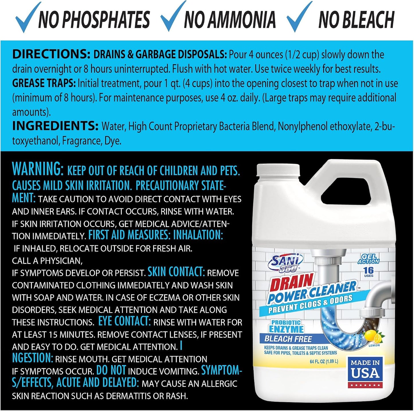 Sani 360 Drain Power Cleaner, Enzyme Probiotic Odor remover, Drain and Garbage Disposal Cleaner, Flush Away Grease, Soap Scum, Lemon scent Septic safe. Save Money on Plumbing, 16 uses, Made in the USA
