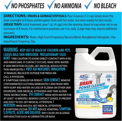 Sani 360 Drain Power Cleaner, Enzyme Probiotic Odor remover, Drain and Garbage Disposal Cleaner, Flush Away Grease, Soap Scum, Lemon scent Septic safe. Save Money on Plumbing, 16 uses, Made in the USA