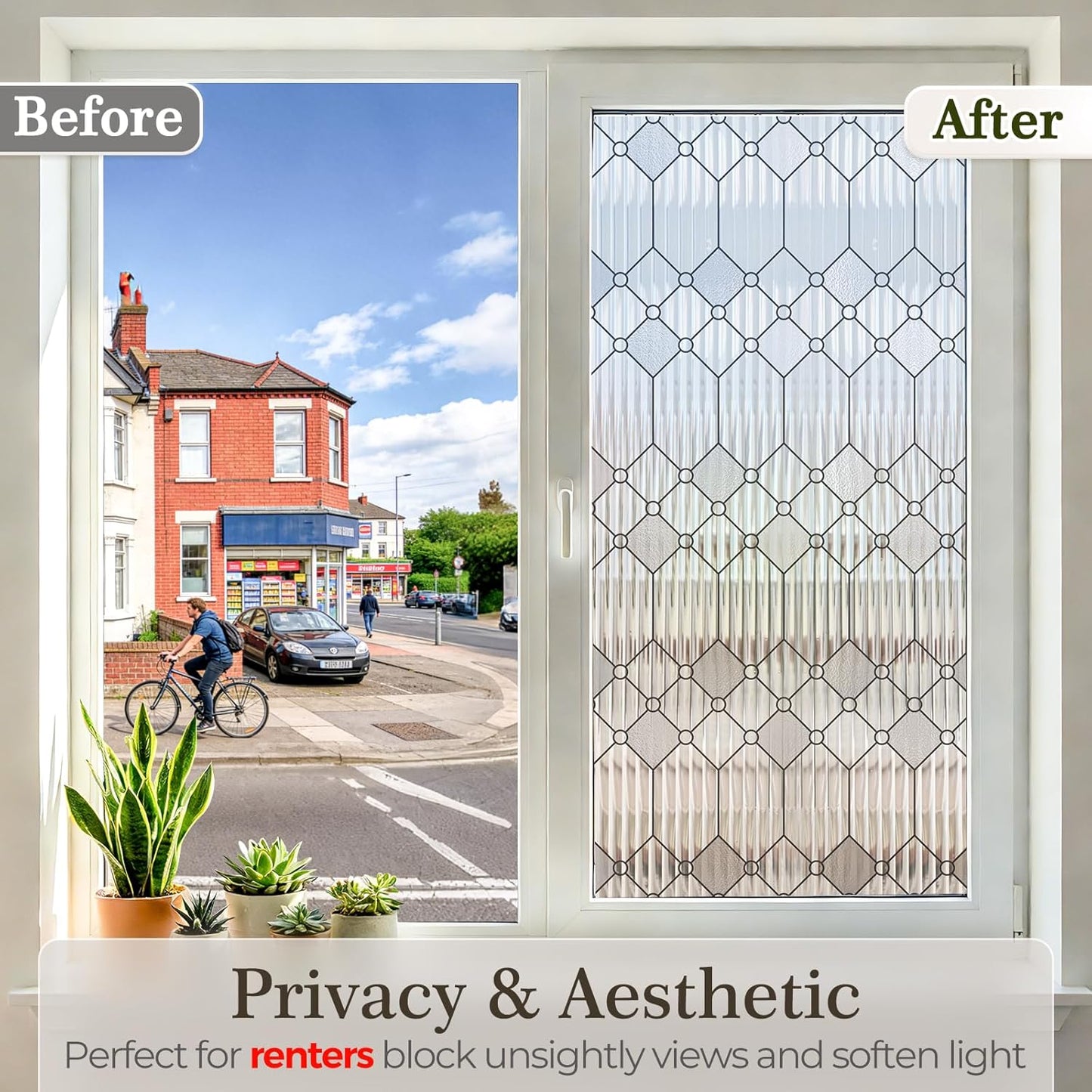 SUNBABY Reeded Glass Window Privacy Film, Frosted Glass Window Film for Bathroom & Front Door, Static Cling Decorative 3D Window Stickers Day and Night Privacy Sun Heat Blocking (17.5 x 78.7 Inch)
