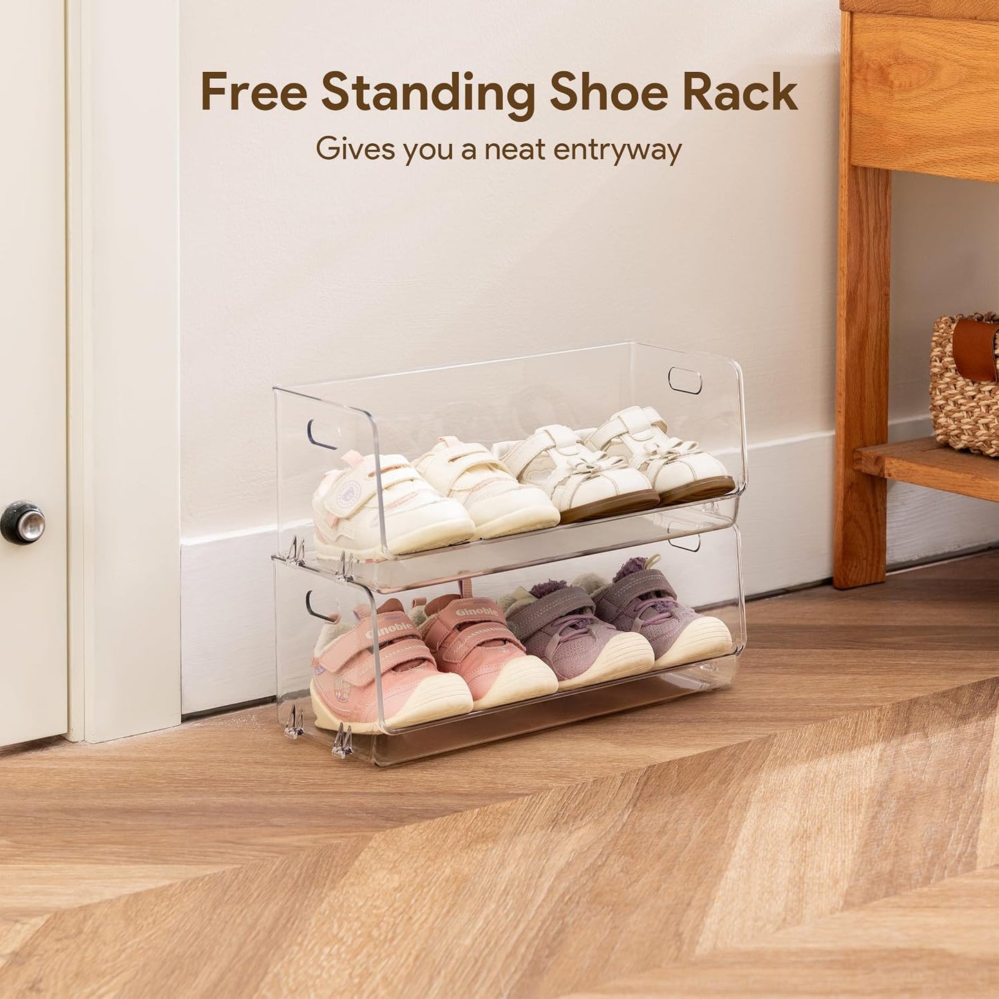 HBlife Clear Acrylic Kids Shoe Rack Baby Toddler Shoe Storage Organizer for Closet Floor Entryway Bedroom, 4 Tier Stackable Small Shoe Rack Shelf Display Stand