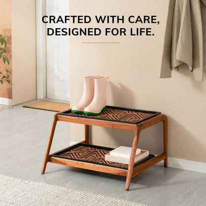 Anji Mountain Heavy Duty Waterproof Wooden Shoe Storage Mat Organizer/Boot Storage Tray Multi Use for Entryway with Coir, Tan Rectangle Embossed Insert, 1 Tier, Fits 2 Pair (26.5" Wide)