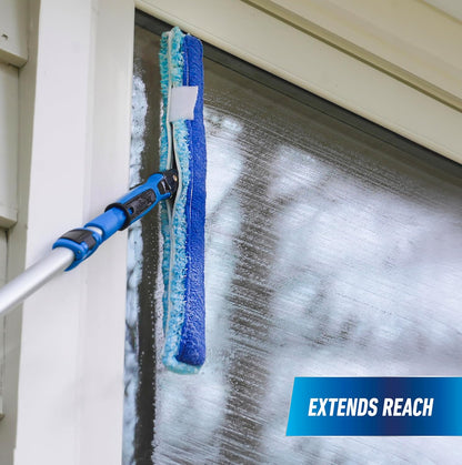 Unger Professional Connect and Clean 18” Grip Microfiber Window Scrubber with 8’ Pole, High-Access Glass Surface Household Cleaning Supplies and Tools, Reusable Microfiber Sleeve