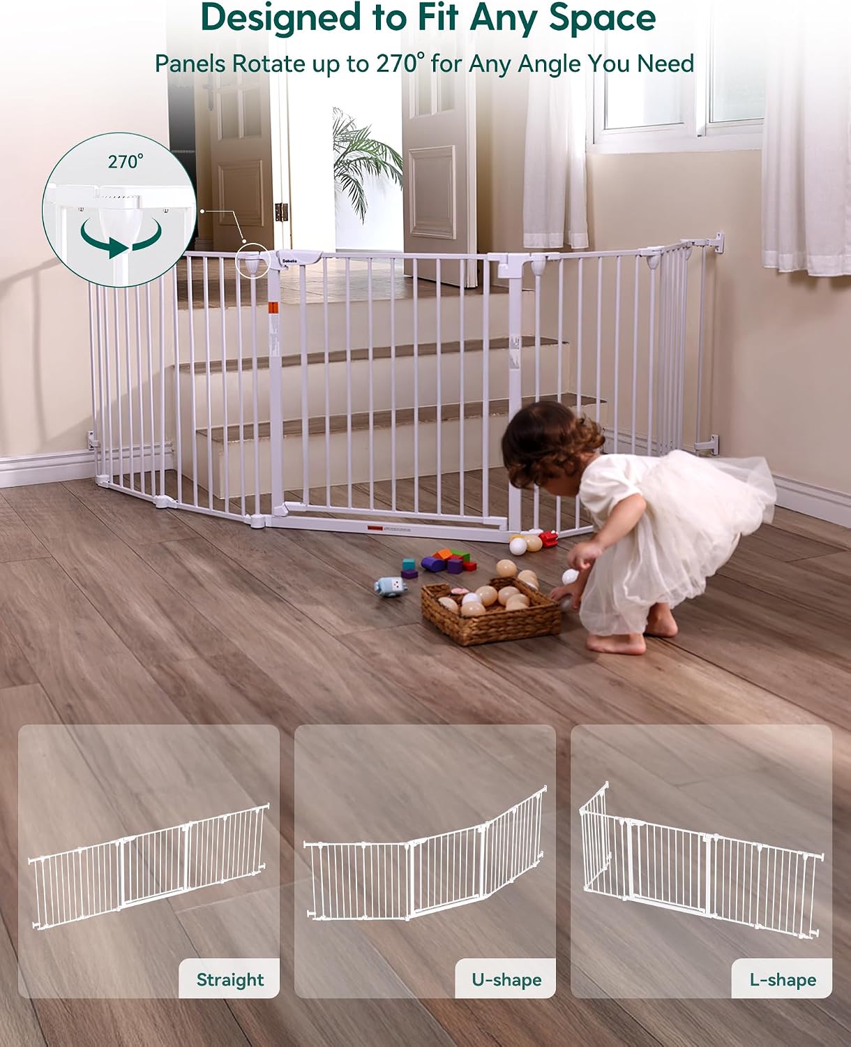 Babelio 104" Extra Wide Baby Gate, 30” Tall Auto Close Dog Fence for Stairs Doorways Fireplace, Hardware Mounted Pet Gate Indoor, Foldable 5 Metal Panels, AdaptiZone Series, Black