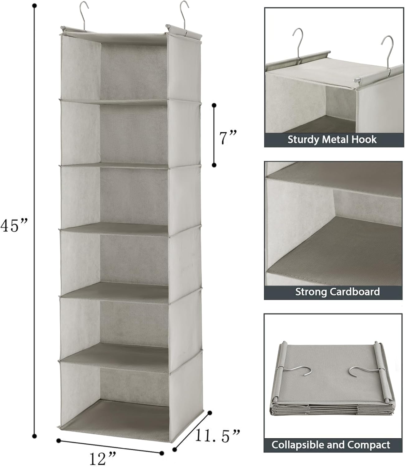 MAX Houser 6 Tier Shelf Hanging Closet Organizer, Closet Hanging Shelf with 2 Sturdy Hooks for Storage, Foldable (Grey)