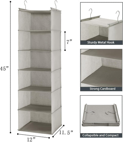 MAX Houser 6 Tier Shelf Hanging Closet Organizer, Closet Hanging Shelf with 2 Sturdy Hooks for Storage, Foldable (Grey)