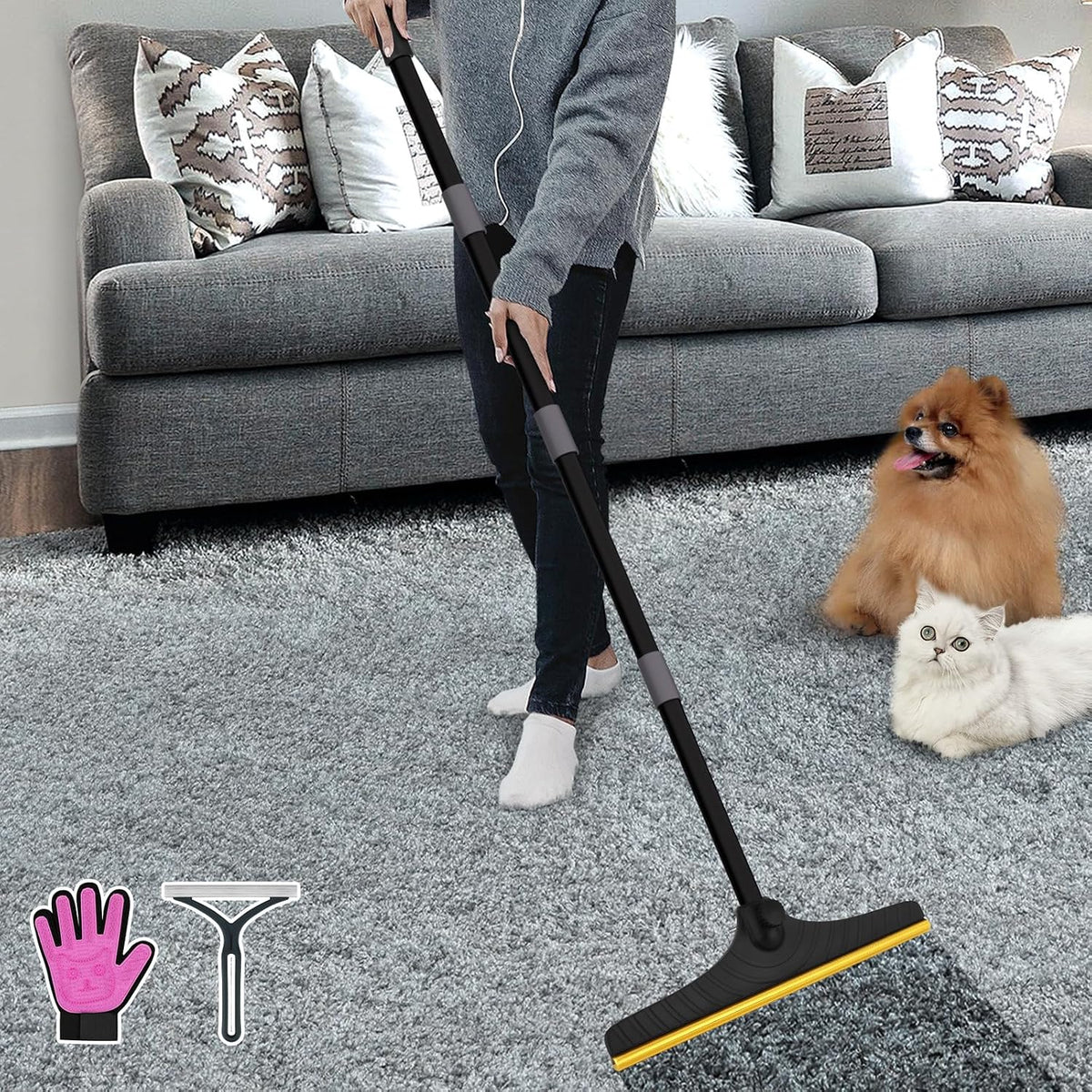 B-Land Carpet Rake for Pet Hair Removal, Reusable Pet Hair Remover with 60” Adjustable Long Handle, Carpet Scraper Broom Dog Cat Hair Remover Tool Fur Sweeper for Rugs, Mats