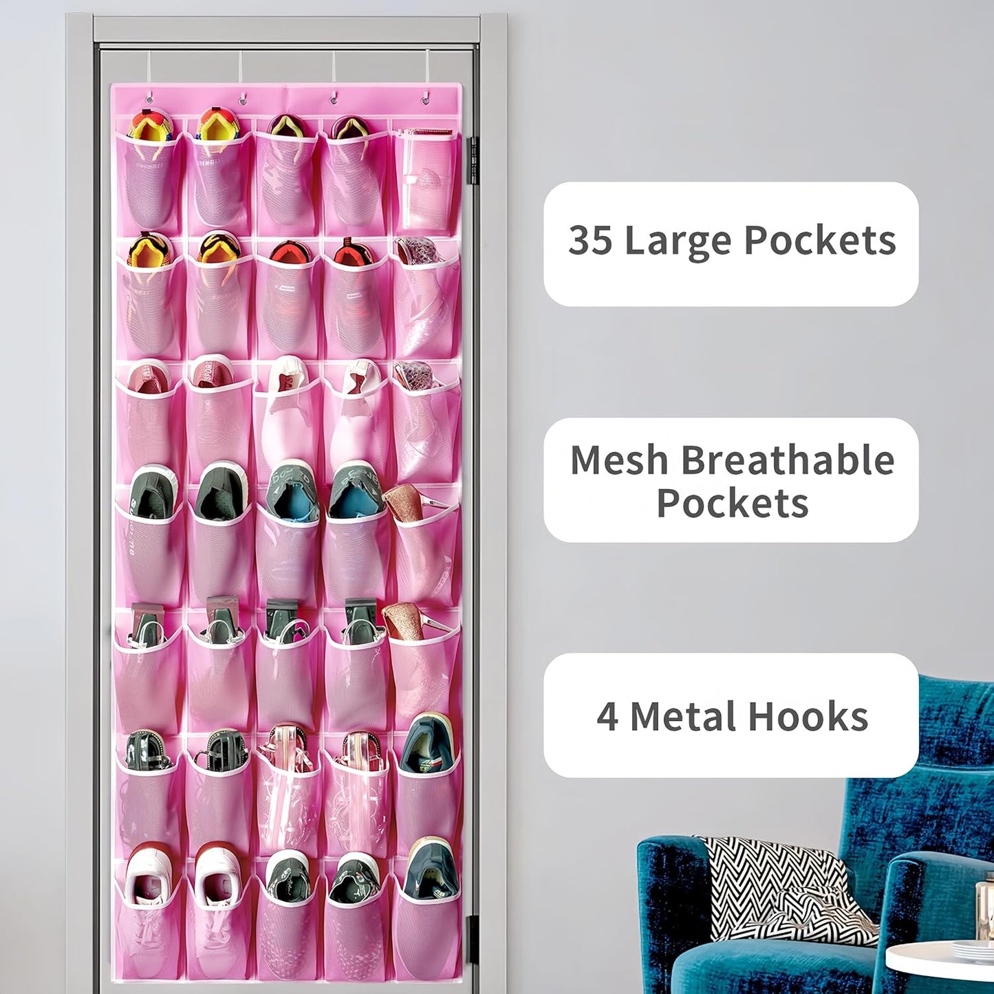SAVERHO 35 Pockets Over the Door Shoe Organizer, Hanging Shoe Organizer for Door with 35 Mesh Pockets Large Capacity Shoe Hanging Storage Bag with 4 Metal Hooks (White-1Pack)