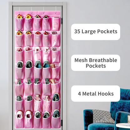 SAVERHO 35 Pockets Over the Door Shoe Organizer, Hanging Shoe Organizer for Door with 35 Mesh Pockets Large Capacity Shoe Hanging Storage Bag with 4 Metal Hooks (White-1Pack)