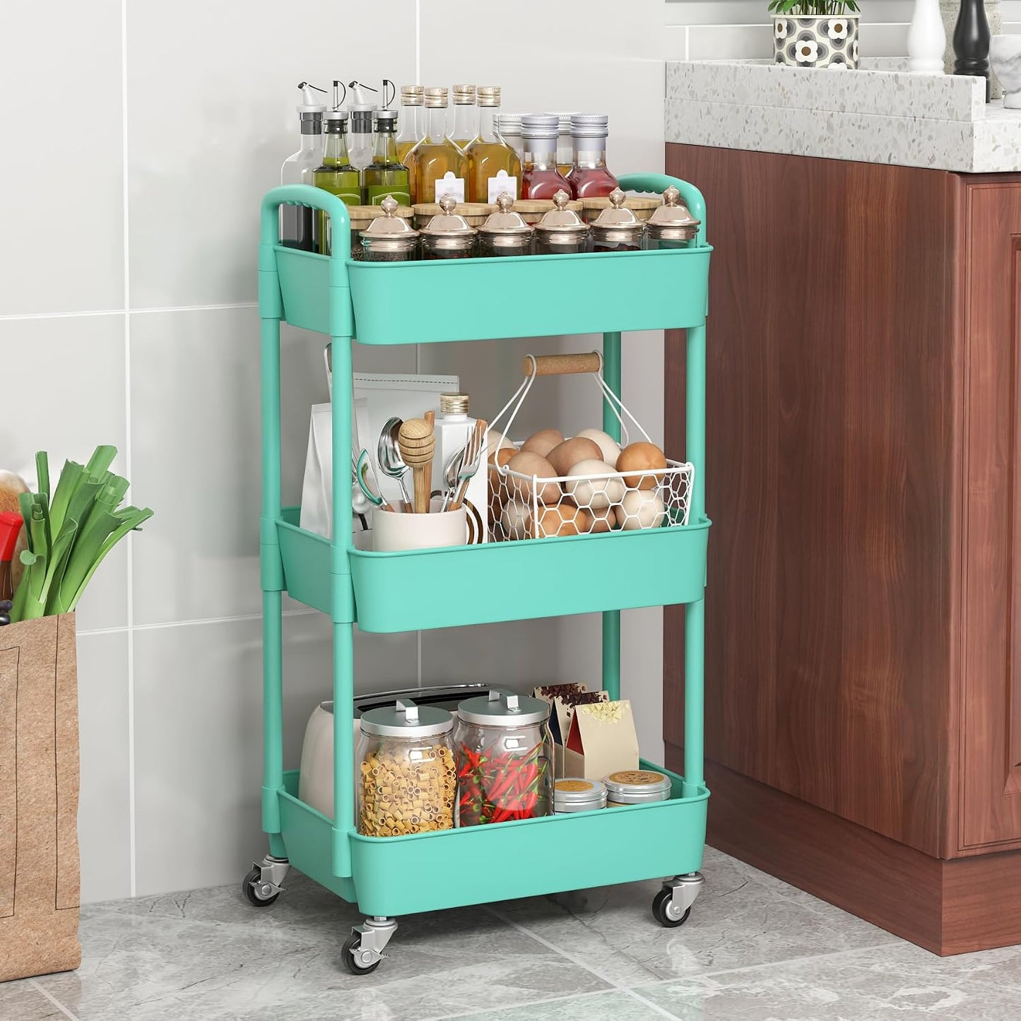 Sywhitta 4-Tier Plastic Rolling Utility Cart with Handle, Multi-Functional Storage Trolley for Office, Living Room, Kitchen, Movable Storage Organizer with Wheels, Black