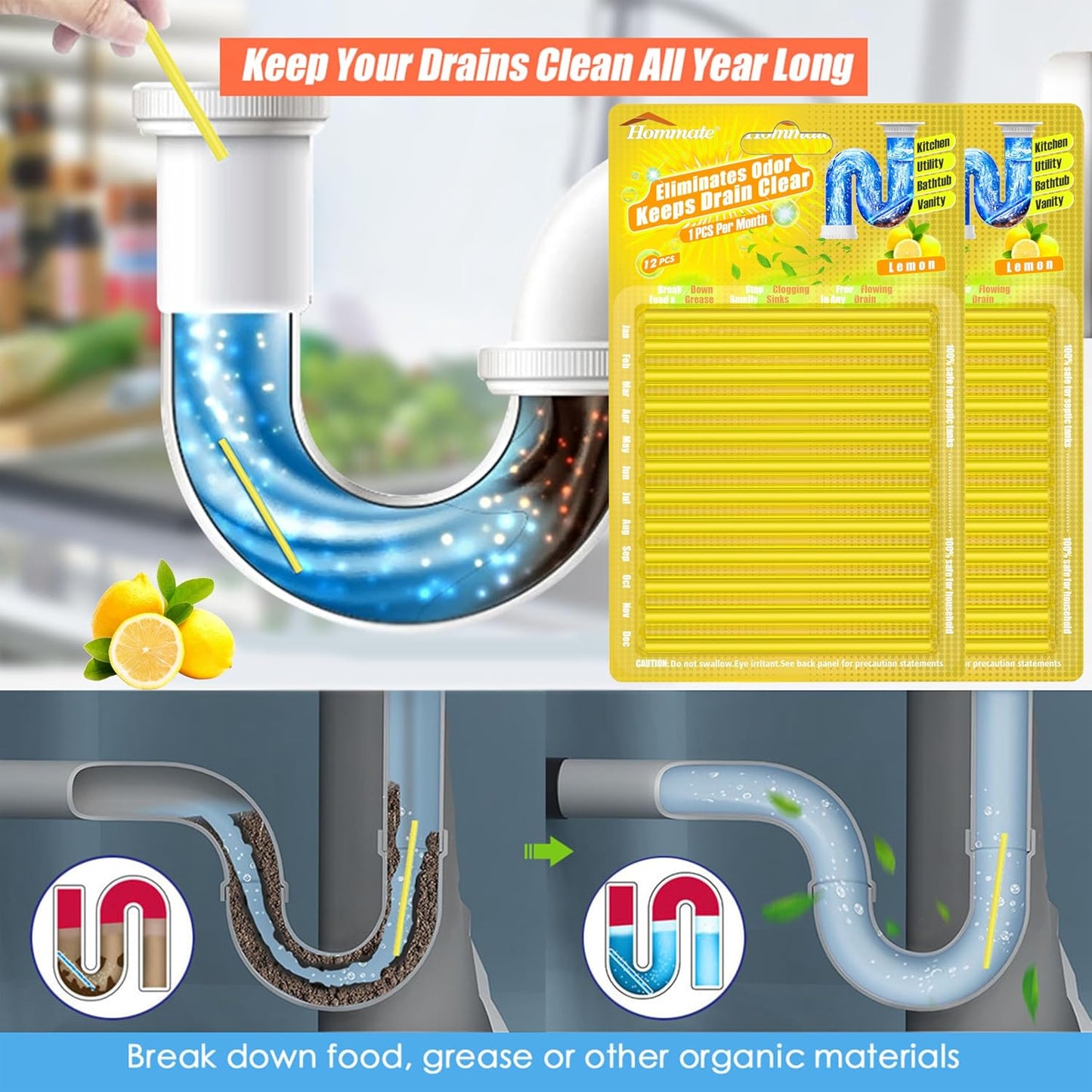 Drain Sticks Drain Cleaner Sticks Drains Cleaner Disposal Stick Enzyme for Odor Clogs Remover Sink Septic Stick for Drains As Seen On TV