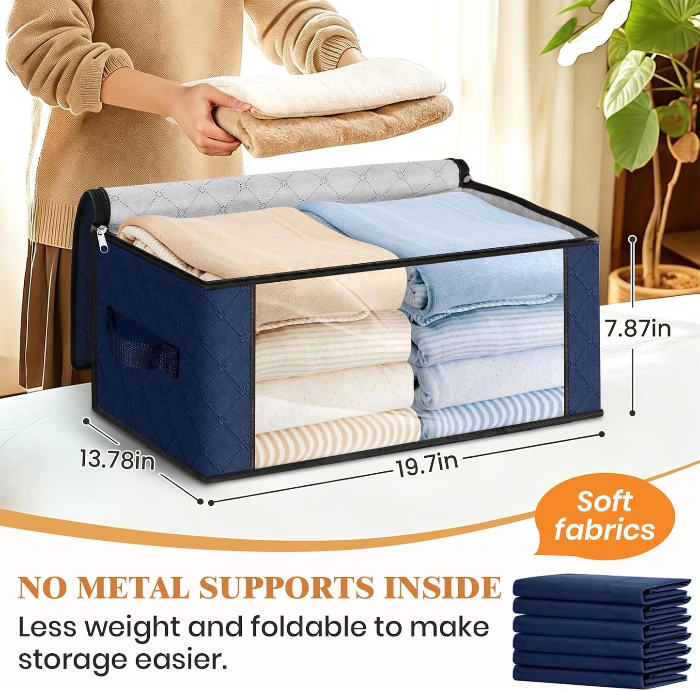 Fab totes 6 Pack Storage Bags for Clothes and Blanket, Foldable Closet Organizers and Storage with Zippers, Clear Window and Handles, Fabric Storage Bins for Sweater, Comforter, Bedding,Linen Sheets