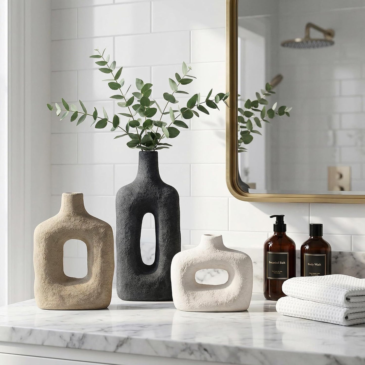 DREAMLOOM Ceramic Vase Set of 3, Modern Rustic Flower Vases for Pampas Grass, Dried & Fresh Flowers, Farmhouse Home Decor Vase for Living Room Bedroom Kitchen Shelf Centerpiece, Classic