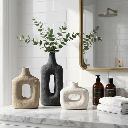 DREAMLOOM Ceramic Vase Set of 3, Modern Rustic Flower Vases for Pampas Grass, Dried & Fresh Flowers, Farmhouse Home Decor Vase for Living Room Bedroom Kitchen Shelf Centerpiece, Classic