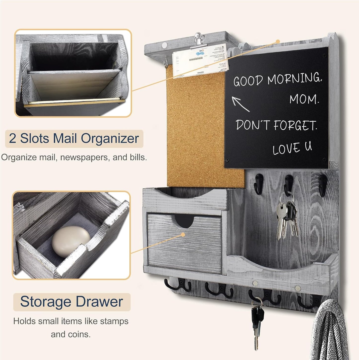 Key Holder for Wall Mount with Shelf and Mail Organizer, Key and Mail Holder with 16 Hooks, Farmhouse Entryway Organizer, Home Decor Rack (Pine Wood, Black)