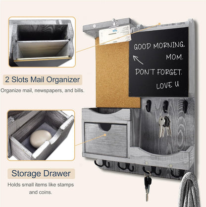 Key Holder for Wall Mount with Shelf and Mail Organizer, Key and Mail Holder with 16 Hooks, Farmhouse Entryway Organizer, Home Decor Rack (Pine Wood, Black)