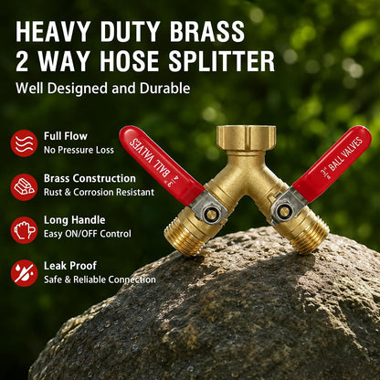 Garden Hose Splitter 2 Way, Heavy Duty Brass Full Flow Y Valve, 3/4" GHT | Solid Brass Construction with Leak-Proof Washers, Long Metal Handles for Watering, Sprinklers, RVs and Car Washing.
