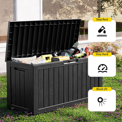 Outdoor Waterproof Resin Storage Deck Box Lockable Outside Bench UV Resistant Bin Patio Porch Furniture Pool Float Garden Tool Cushion (Black, 85 Gallon)