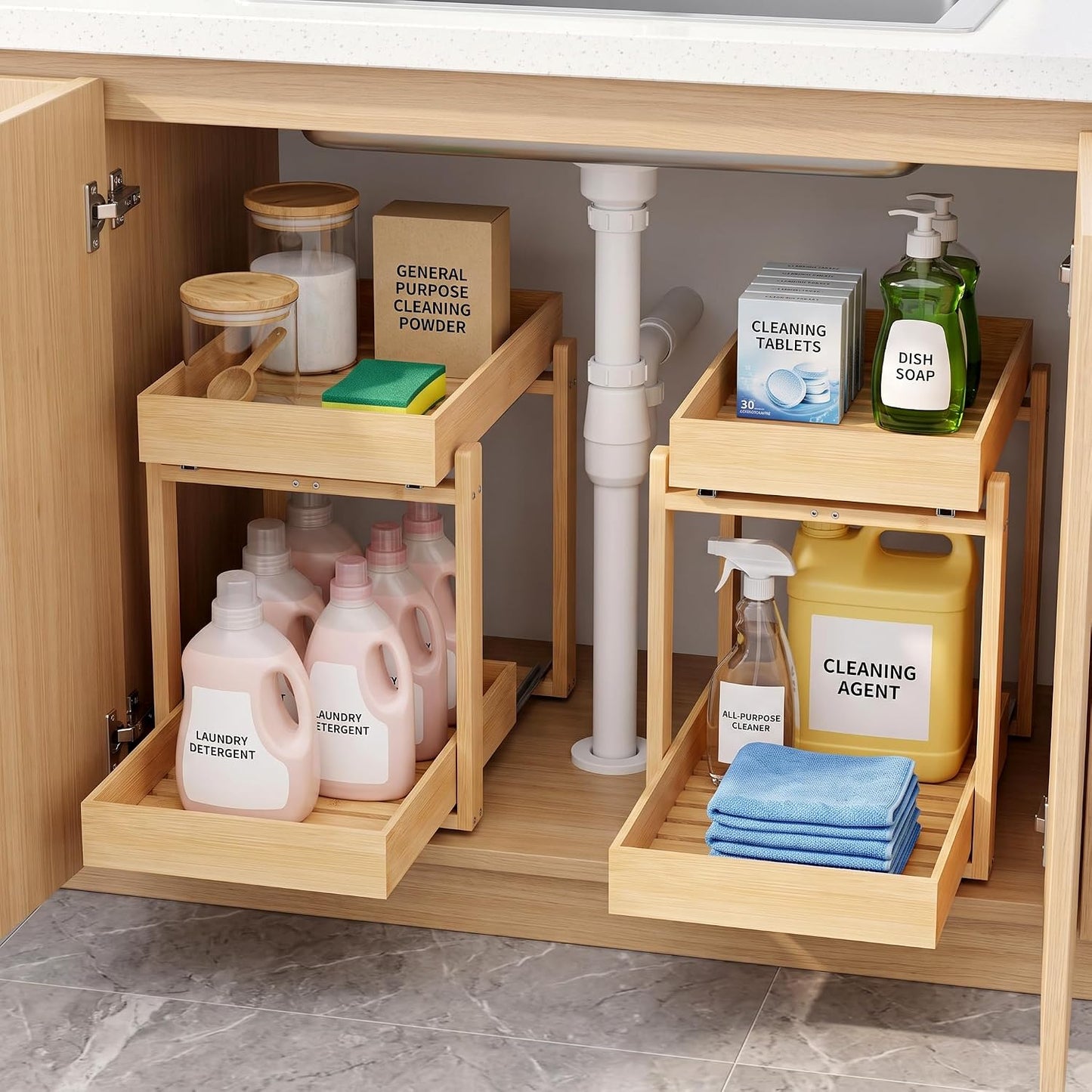 Bamboo Under Sink Organizer and Storage, 2 Pack Pull Out Cabinet Organization, 2 Tier Vertical Slide Out Undersink Storage Shelf, Multi-Purpose Organizer Shelves for Kitchen Bathroom Medicine