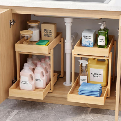 Bamboo Under Sink Organizer and Storage, 2 Pack Pull Out Cabinet Organization, 2 Tier Vertical Slide Out Undersink Storage Shelf, Multi-Purpose Organizer Shelves for Kitchen Bathroom Medicine