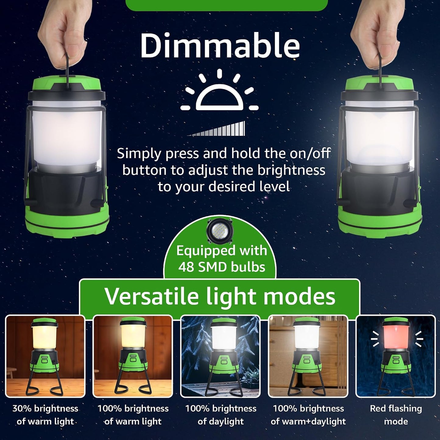 LED Camping Lantern Rechargeable, 1800LM, 4 Light Modes, 4400mAh Power Bank, IP44 Waterproof, Perfect Lantern Flashlight for Hurricane, Emergency, Power Outages, Home and More, USB Cable Included