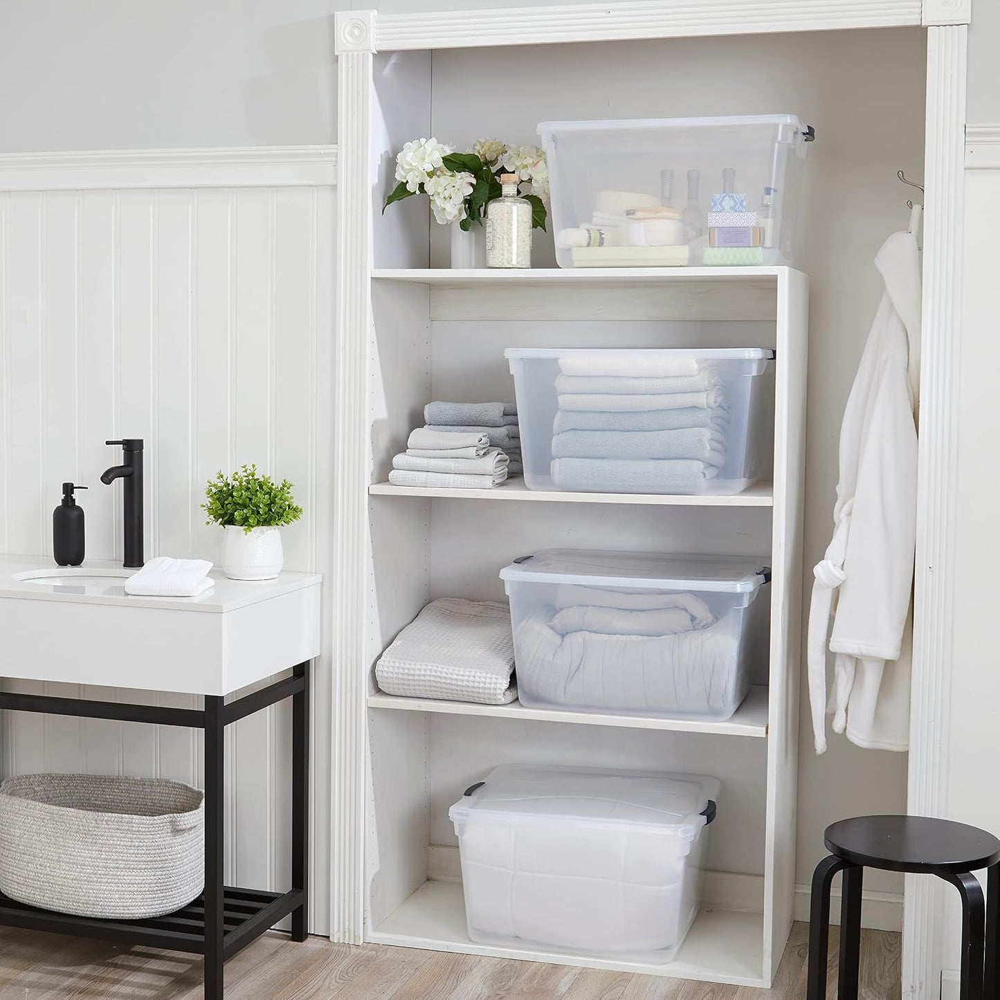Rubbermaid Cleverstore 42 Quart Stackable Plastic Storage Bin with Lids for Garage, Closet, and Classroom, Clear, 4 Pack
