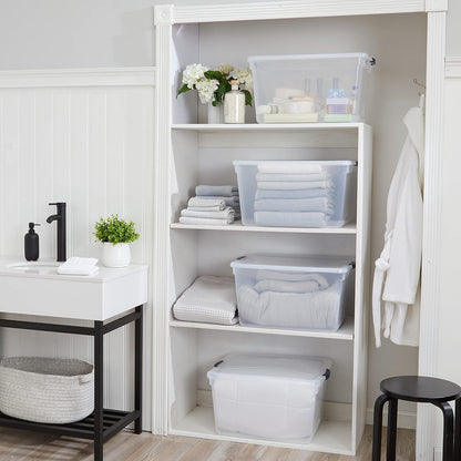 Rubbermaid Cleverstore 42 Quart Stackable Plastic Storage Bin with Lids for Garage, Closet, and Classroom, Clear, 4 Pack