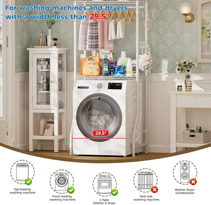 Golpart Over Washer and Dryer Shelves,Heavy Duty Laundry Room Storage Organization Clothes Drying Rack,5 Tier Adjustable Height Wire Shelving and Wire Basket with Hanger Rod&Hook,Space Saving Shelf