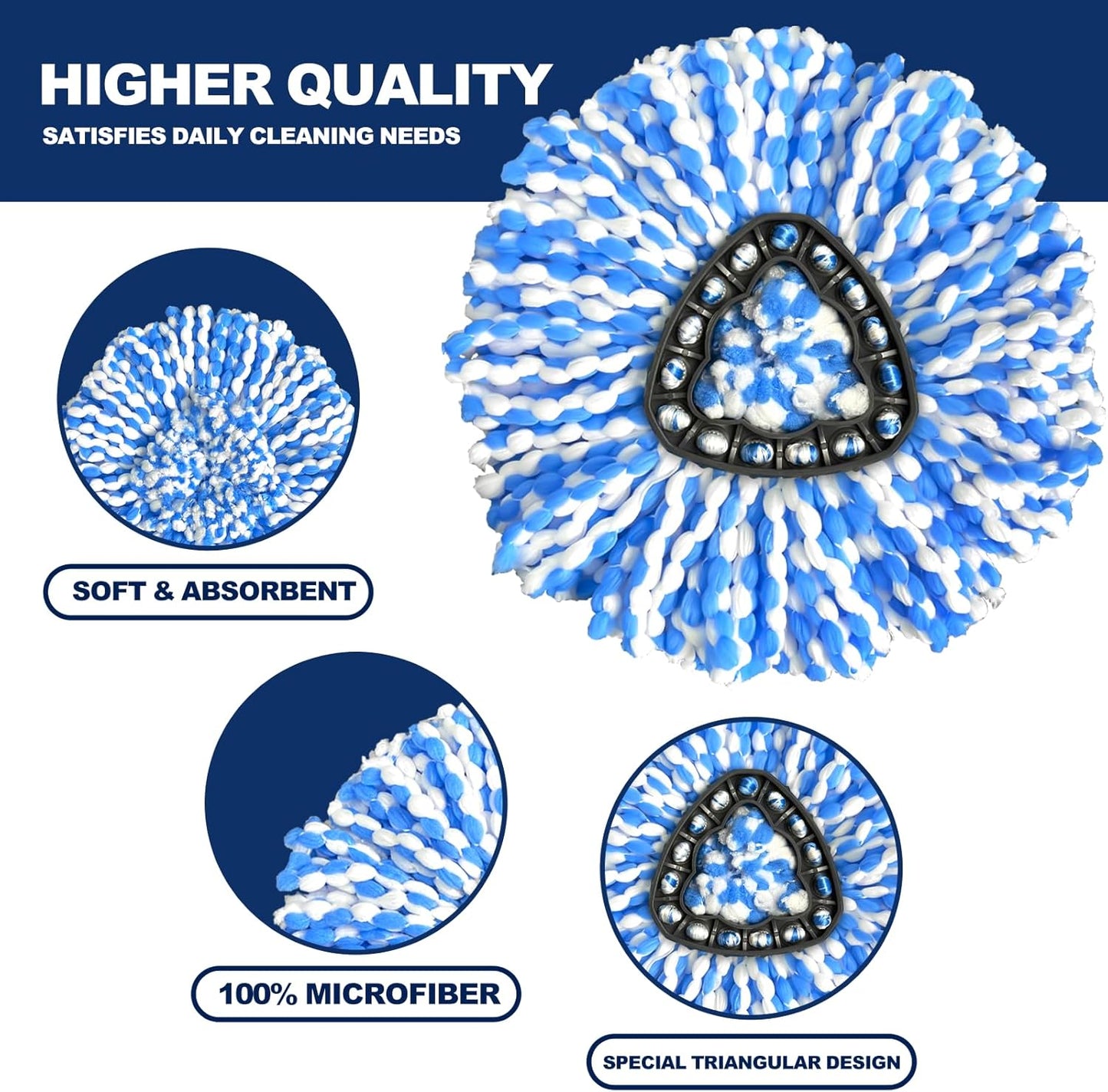 2-Tank Spin Mop Replacement Head, 3 Pack Mop Head Replacement, Microfiber, Machine Washable, Easy to Replace and Deep Cleaning