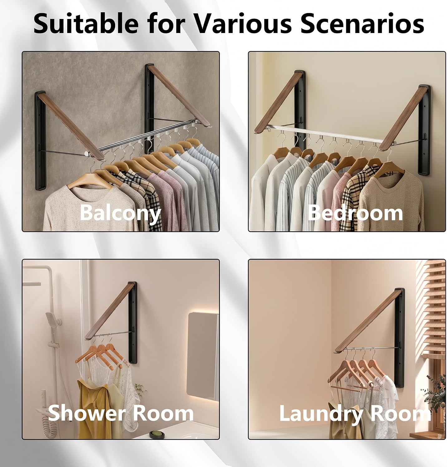 Dr.DJ Clothes Drying Rack Wall Mounted, Retractable & Foldable Clothes Hanger for Laundry Room Organization and Storage, Clothes Hanger Rack for Dorm, Closet, Balcony, Laundry Room(1P, Metal, Black)