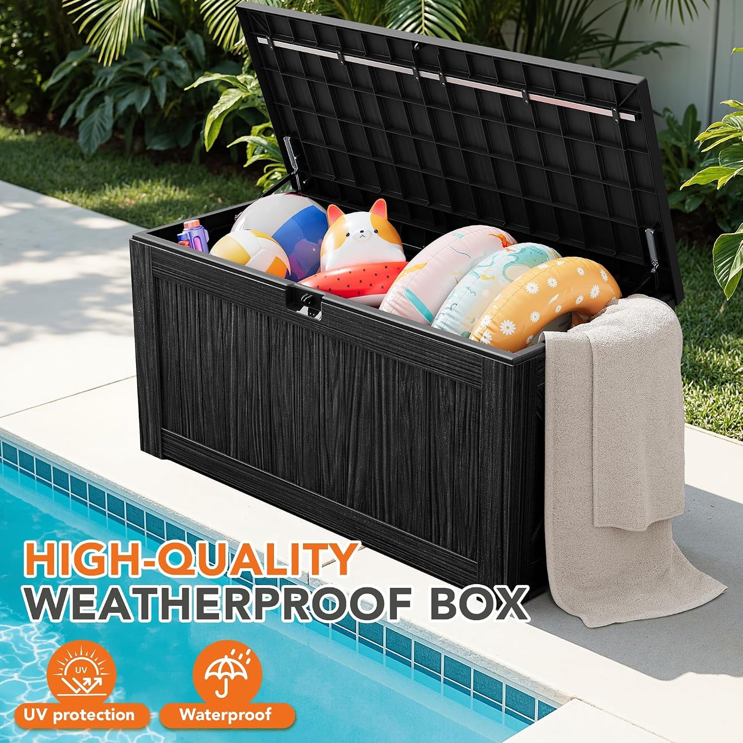 32 Gallon Deck Box Outdoor Indoor Waterproof Storage Box for Patio Furniture, Pool Accessories, Garden Tools, and Cushion Storage, Black
